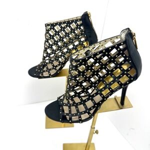 Michael Kors Black Leather Studded Cage Sandals Peep Toe Stiletto Booties 7M